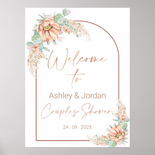 Oranje Boho Cactus Couples Douche Welkomstbord Poster (Voorkant)