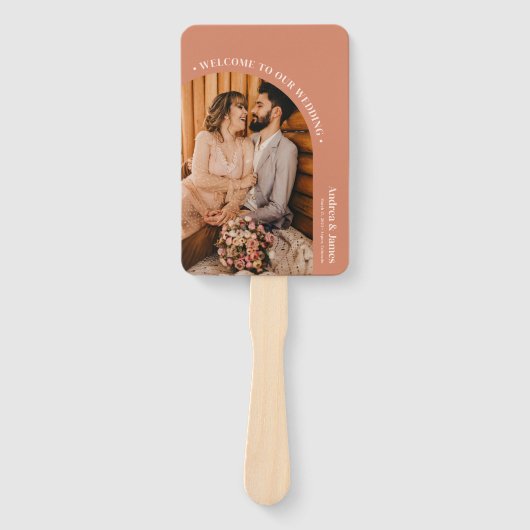 Oranje Boho Disco foto bruiloft programma Handwaaier (Voorkant)