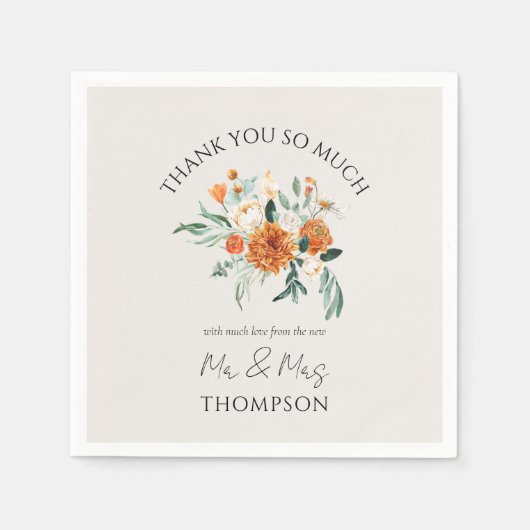 Oranje Boho Herfst Bloemen Nieuw Mr. Mrs. Dank u Servet (Voorkant)