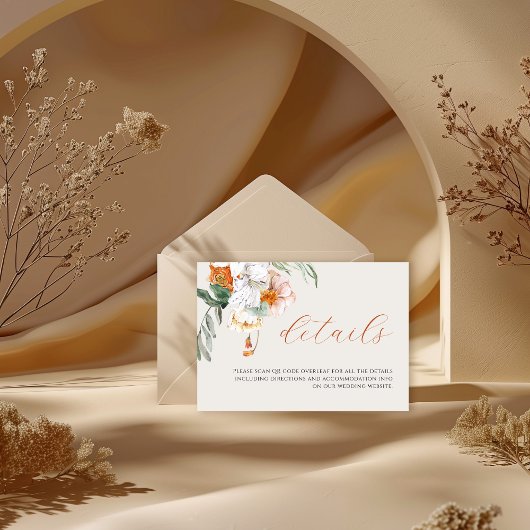 Oranje Boho Herfst Floral QR Code Trouwgegevens Informatiekaartje