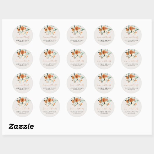 Oranje Boho Herfst Floral Wedding Ronde Sticker (Vel)