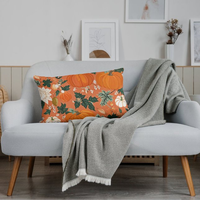 Oranje Boho Pompoen Herfst Bloempatroon Kussen (Creator heeft geüpload)