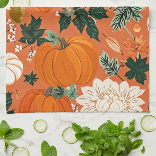 Oranje Boho Pompoen Herfst Bloempatroon Theedoek (Gevouwen)