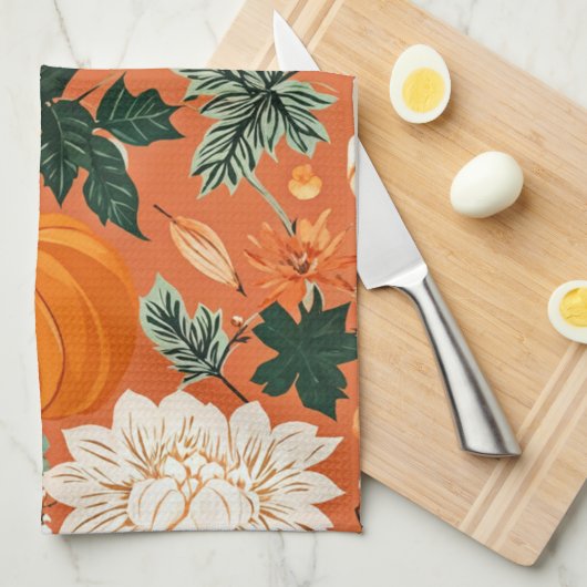 Oranje Boho Pompoen Herfst Bloempatroon Theedoek (Quarter Fold)