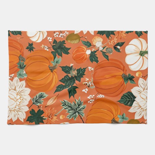 Oranje Boho Pompoen Herfst Bloempatroon Theedoek (Horizontaal)