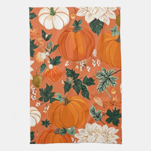 Oranje Boho Pompoen Herfst Bloempatroon Theedoek (Verticaal)