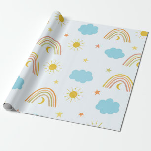Oranje Boho Regenboog met Zon en Wolken Cadeaupapier
