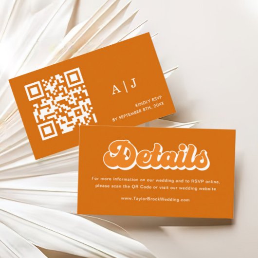 Oranje Boho Retro 70s Wedding Details QR Code Informatiekaartje