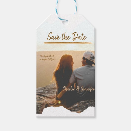 oranje boho save the date moderne foto koppel naam cadeaulabel (Voorkant)