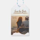 oranje boho save the date moderne foto koppel naam cadeaulabel (Achterkant)