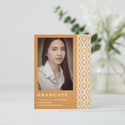 Oranje Boho textuur foto Unisex Afstuderen Aankondigingskaart (Staand voorkant)
