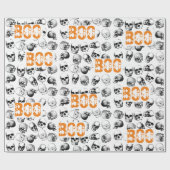 Oranje Boo Halloween Spooky Skull Patroon Cadeaupapier (Vlak)