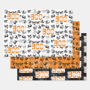 Oranje Boo Halloween Spooky Skull Patroon Inpakpapier Vel