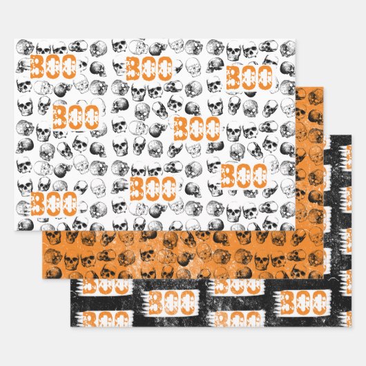 Oranje Boo Halloween Spooky Skull Patroon Inpakpapier Vel (Set)