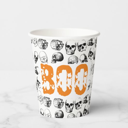 Oranje Boo Halloween Spooky Skull Patroon Papieren Bekers (Achterkant)