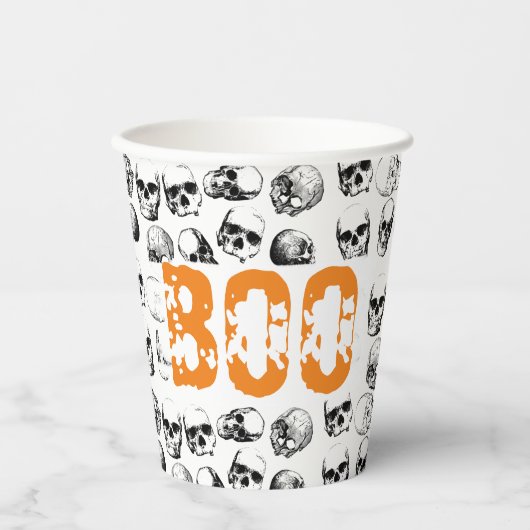 Oranje Boo Halloween Spooky Skull Patroon Papieren Bekers (Voorkant)