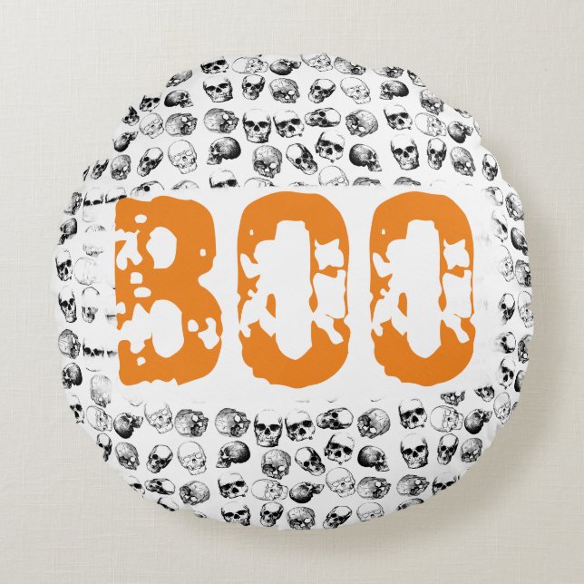 Oranje Boo Halloween Spooky Skull Patroon Rond Kussen (Voorkant)