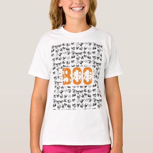 Oranje Boo Halloween Spooky Skull Patroon T-shirt (Voorkant)