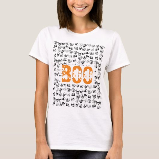Oranje Boo Halloween Spooky Skull Patroon T-shirt (Voorkant)
