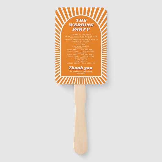 Oranje boog en zonnestralen groovy bruiloft progra handwaaier (Achterkant)