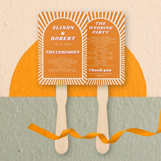 Oranje boog en zonnestralen groovy bruiloft progra handwaaier