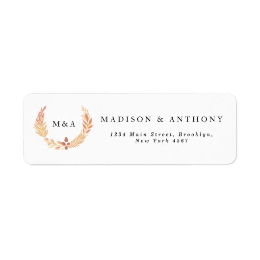 Oranje Botanisch Wreath Monogram Weddenschap Etiket (Voorkant)