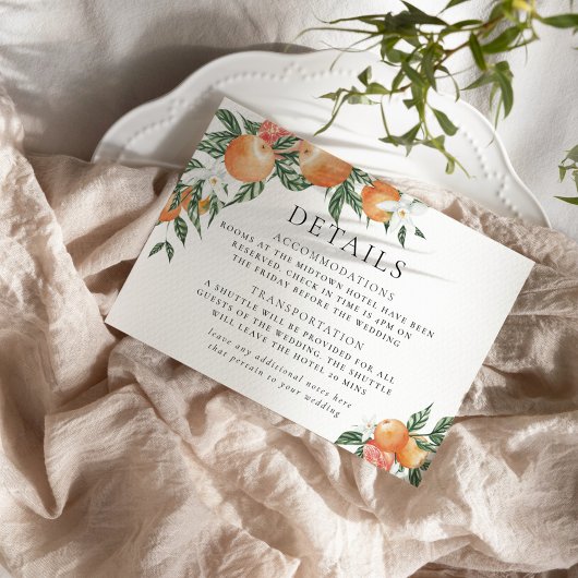 Oranje Botanische Citrus Modern bruiloft Details Informatiekaartje