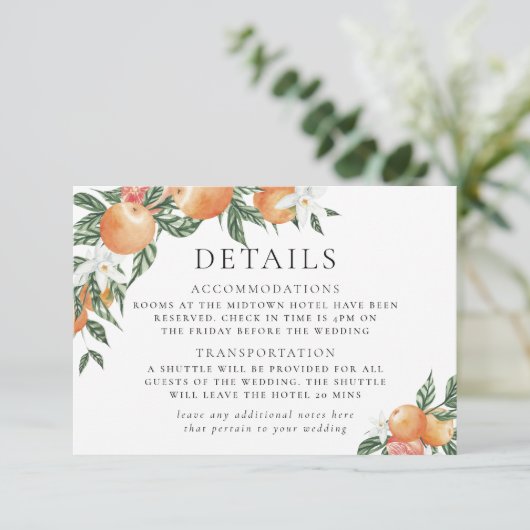 Oranje Botanische Citrus Modern bruiloft Details Informatiekaartje