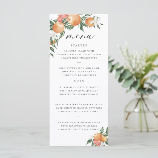Oranje Botanische Citrus Modern Bruiloft Menu (Staand voorkant)