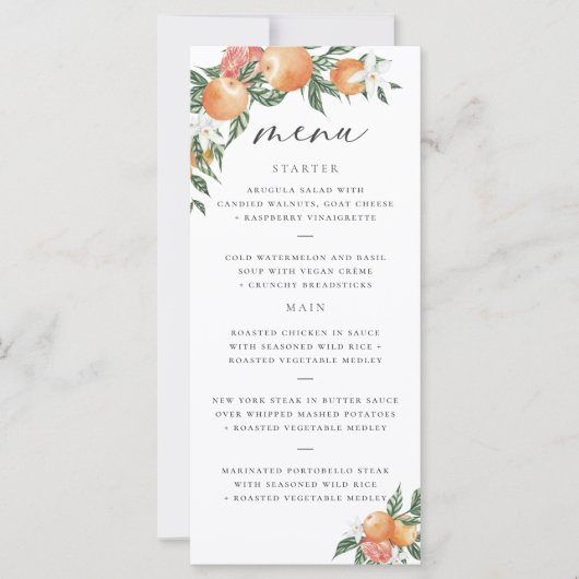 Oranje Botanische Citrus Modern Bruiloft Menu (Voorkant)