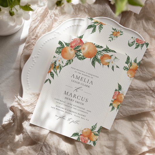 Oranje Botanische Citrus Modern Wedding Invitation Kaart
