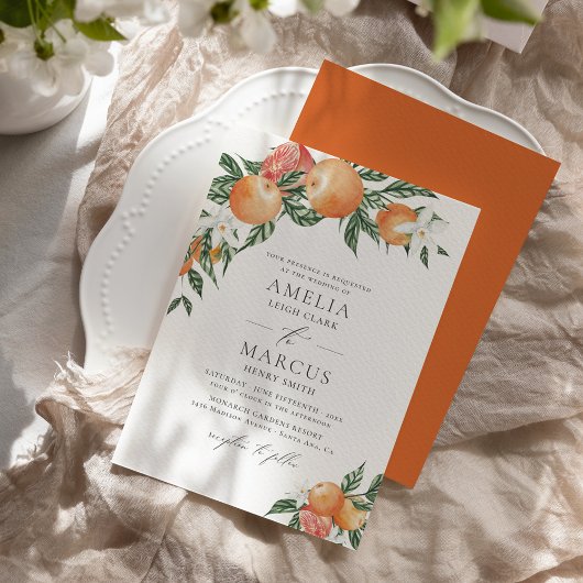Oranje Botanische Citrus Modern Wedding Invitation Kaart