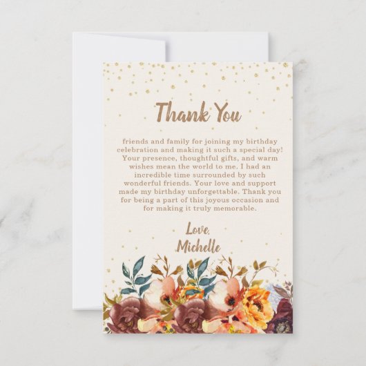 Oranje Bourgogne Bloemen Verjaardag Dank u Bedankkaart (Achterkant)