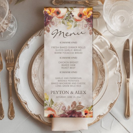 Oranje Bourgogne Floral Herfst najaar huwelijk Menu