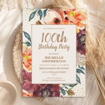 Oranje Bourgogne Herfst Floral Gold Glitter 100th