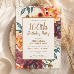 Oranje Bourgogne Herfst Floral Gold Glitter 100th Kaart