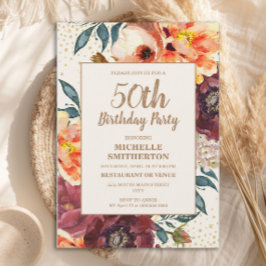 Oranje Bourgogne Herfst Floral Gold Glitter 50th Kaart