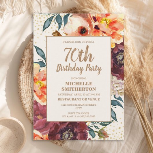 Oranje Bourgogne Herfst Floral Gold Glitter 70th Kaart