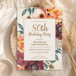 Oranje Bourgogne Herfst Floral Gold Glitter 80th Kaart