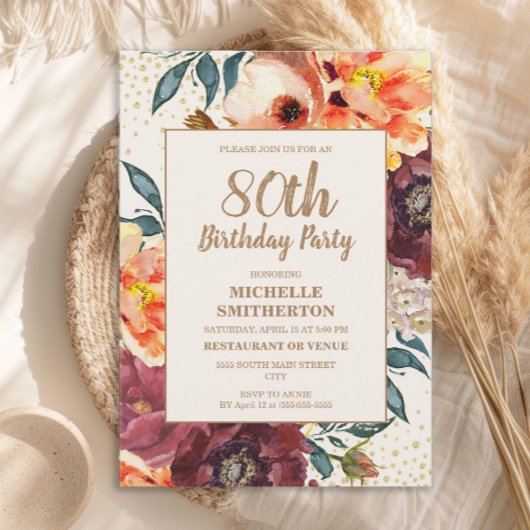 Oranje Bourgogne Herfst Floral Gold Glitter 80th Kaart