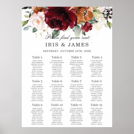 Oranje Bourgogne Ivory Floral Wedding Seating Char Poster (Voorkant)