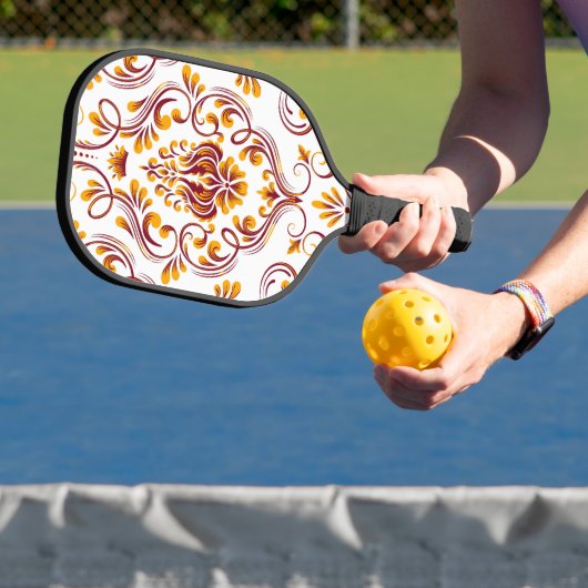 Oranje Bourgogne White Damask Floral Pickleball Paddle (Insitu)