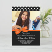 Oranje Bow Polka Dot Foto Afstuderen Aankondiging (Staand voorkant)