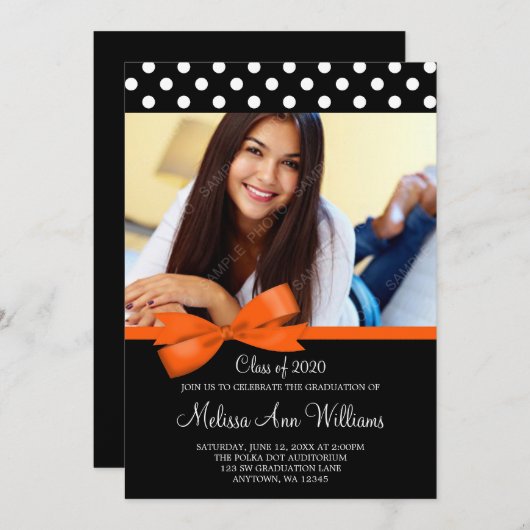 Oranje Bow Polka Dot Foto Afstuderen Aankondiging (Voorkant / Achterkant)