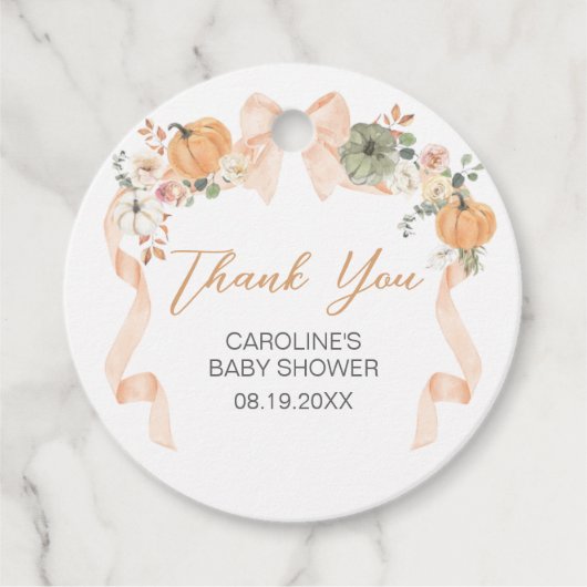 Oranje Bow Pumpkin Baby shower Bedankjes Labels (Voorkant)