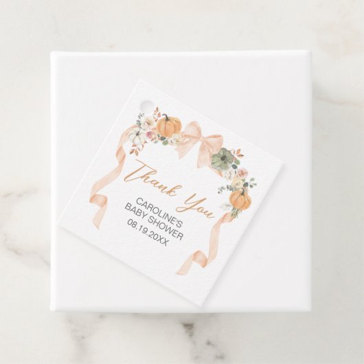 Oranje Bow Pumpkin Baby shower Square Bedankjes Labels (In situ)