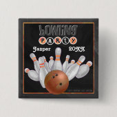 Oranje Bowling Party Vierkante Button 5,1 Cm (Voorkant)