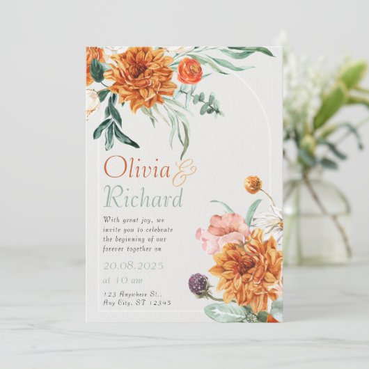 Oranje Bright Boho Herfst Bloemen Huwelijk Kaart (Staand voorkant)