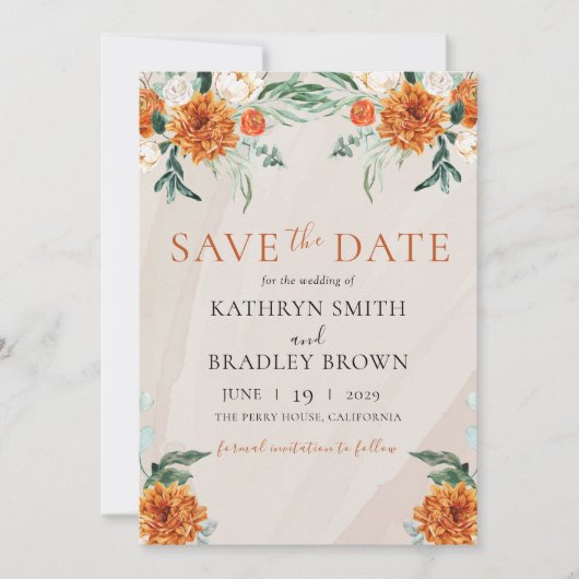 Oranje Bright Boho Herfst Bloemen Huwelijk Save The Date (Voorkant)