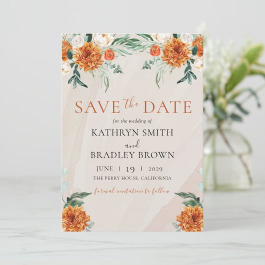 Oranje Bright Boho Herfst Bloemen Huwelijk Save The Date (Staand voorkant)
